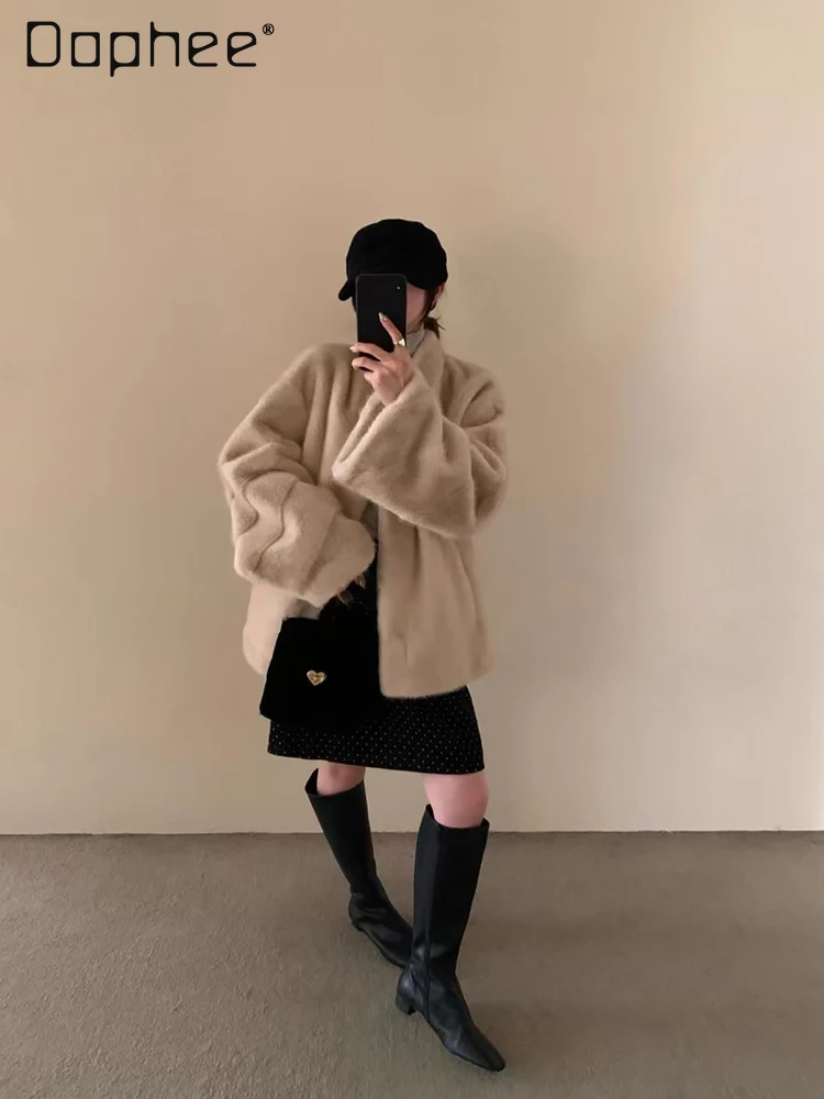 Abrigo de felpa de piel ecológico con cuello levantado elegante, abrigo de longitud media grueso de piel de oveja de imitación de tendencia coreana Ins para invierno
