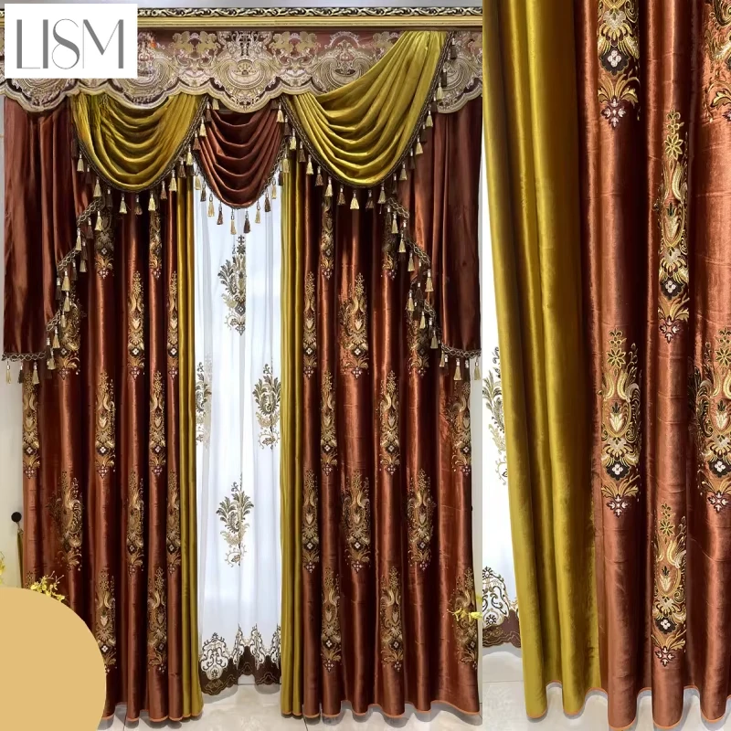 

Royal High-end Gold Embroidery luxury Curtains for Living Rooms Bedroom Screen Red Splicing Velvet Thickened French Window Villa