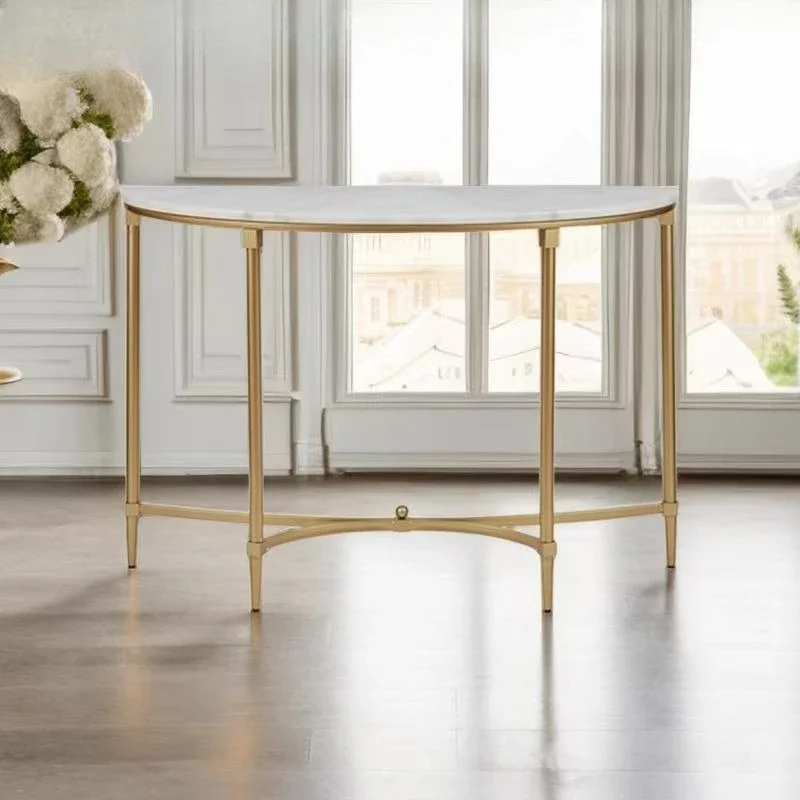 Nordic marble semi-circular console table, wrought iron foyer, narrow table, modern wall-backed sofa, back cabinet, desk, end