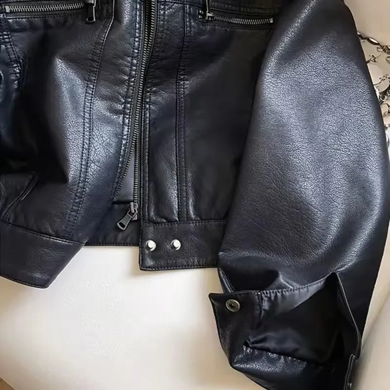 2026年春新作 レディース ブラックPUレザージャケット レトロPUショート丈 ライダースジャケット ゆったり レザー ジッパー アウター