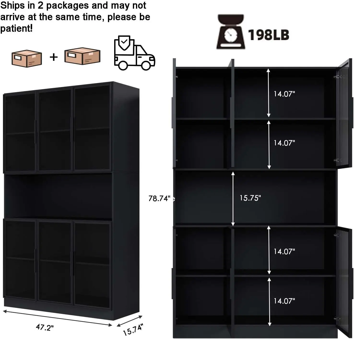 Display Cabinet with 6 Glass Doors and LED Light, 5-Tier Storage Shelve, Bookcase, Display Case for Collectibles, 78.7