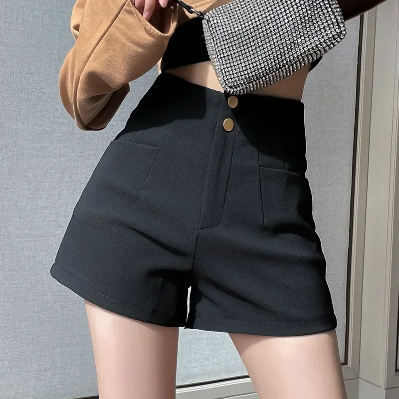 

Summer High Waist Wide-leg Shorts Casual Black Straight Hot Pants with Buttons Slim Short Trousers