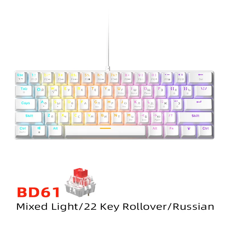 Russian Mechanical Keyboard 60% Layout Small Size Russian Keyboard Rainbow Lighting Double-shot Keycaps USB Wired BD61 Gaming Ke