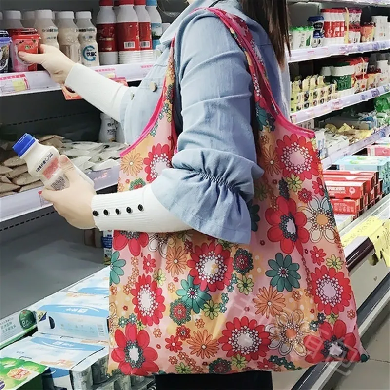 Fashion Printing Foldable Eco-Friendly Shopping Bag Tote Folding Pouch Handbags Convenient Large-capacity for Travel Grocery Bag
