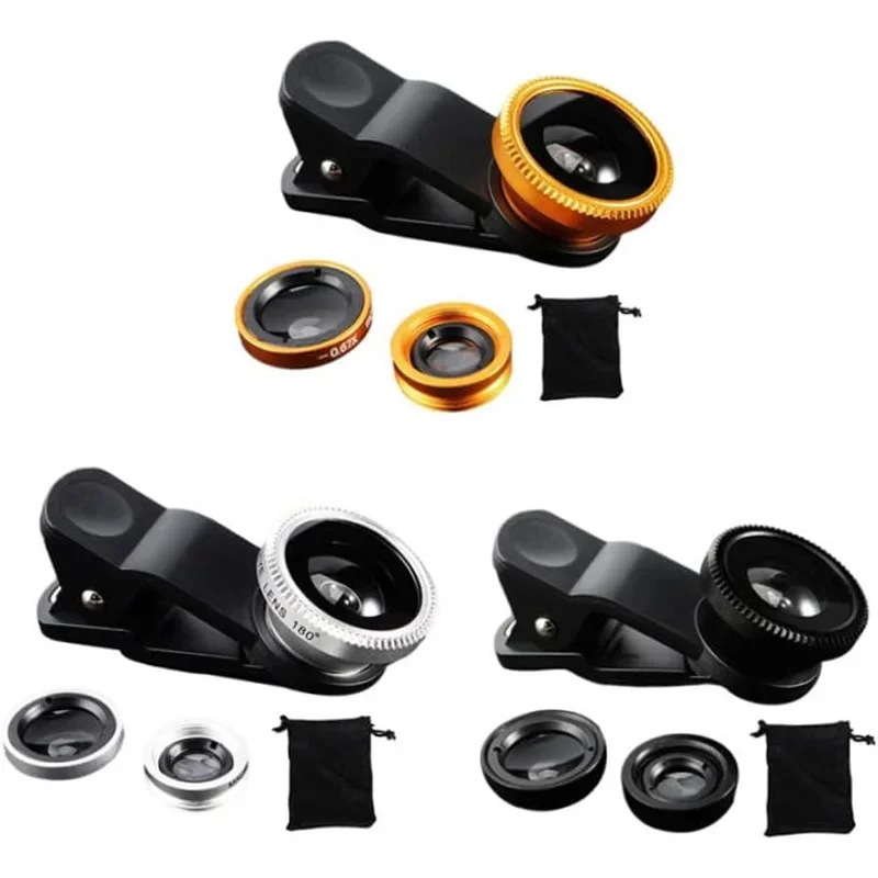 3 in 1 Phone Lens Kit Fisheye Wide Angle Zoom & Macro Camera Lenses with Clip for All Smartphones