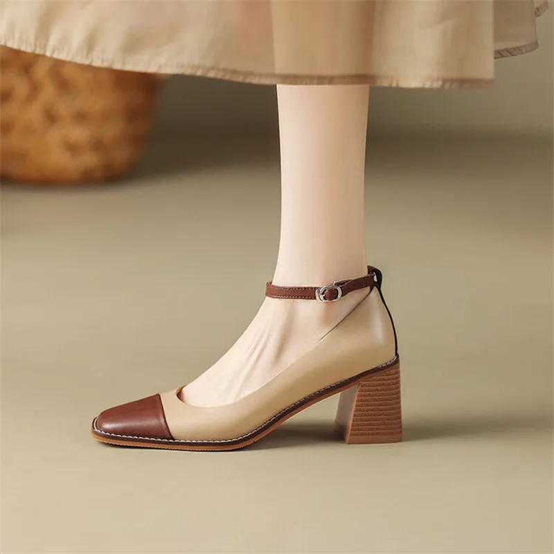 2024 Spring Split Leather Women Shoes Square Toe Chunky Heel Mixed Color Women Pumps Retro Mary Jane Shoes for Women High Heels