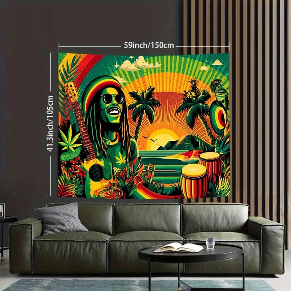 Reggae Music Tapestry Rasta Dreadlocks Guitar Palm Tree Beach Sunset Jamaican Culture Bob Marley Inspired Wall Art Music Room