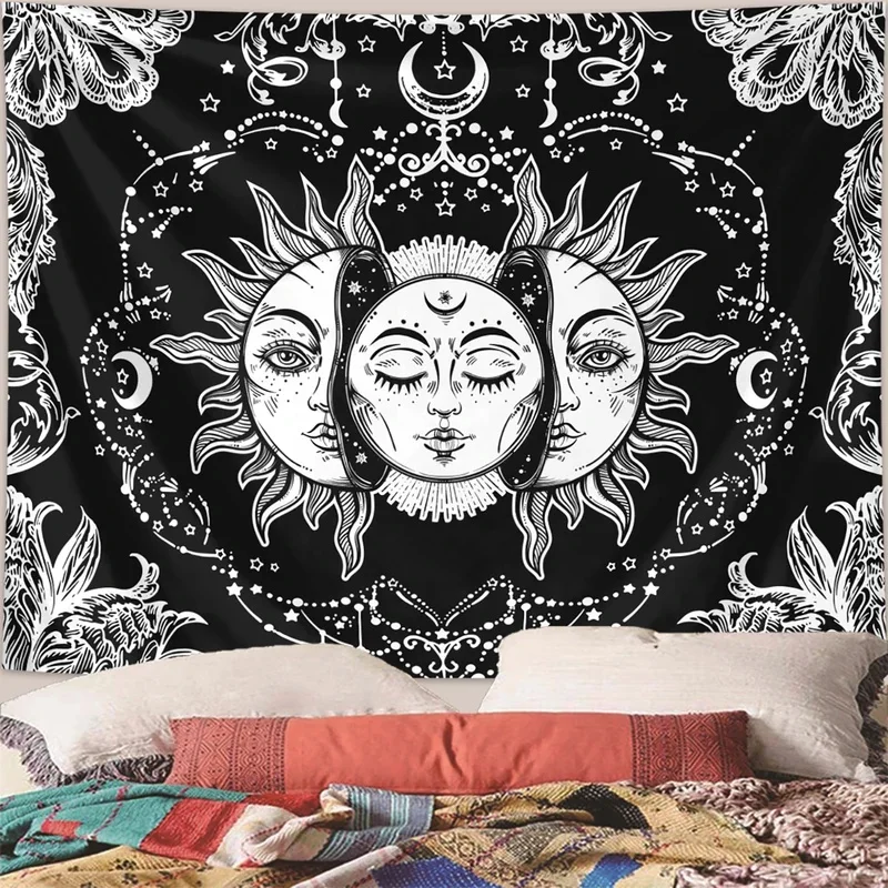 VIKAMA Sun Moon Face Tapestry Black White Celestial Star Print Wall Hanging Art Decor for Bedroom Living Room Home Decoration