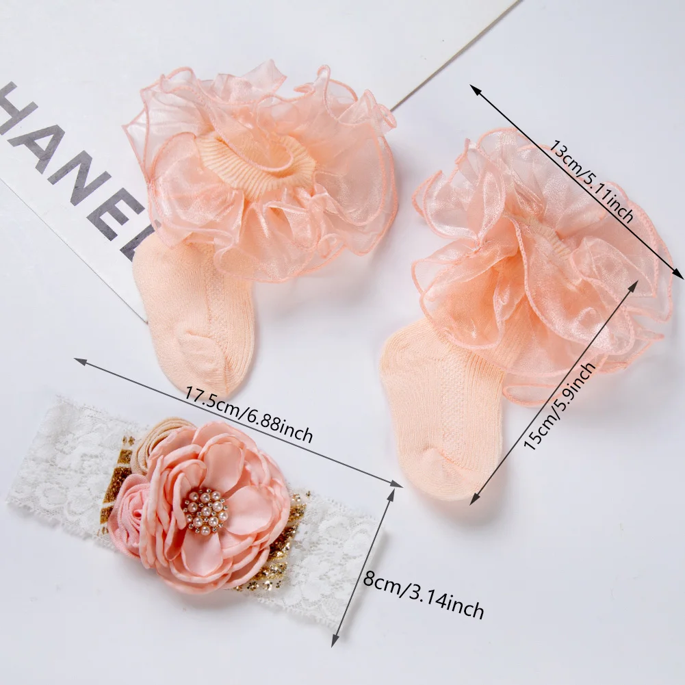 3Pcs/Set Pearl Lace Baby Headbands Socks Silk Flower Hairbands Organza Short Sock Newborn Baby Boyes Girls Photography Props