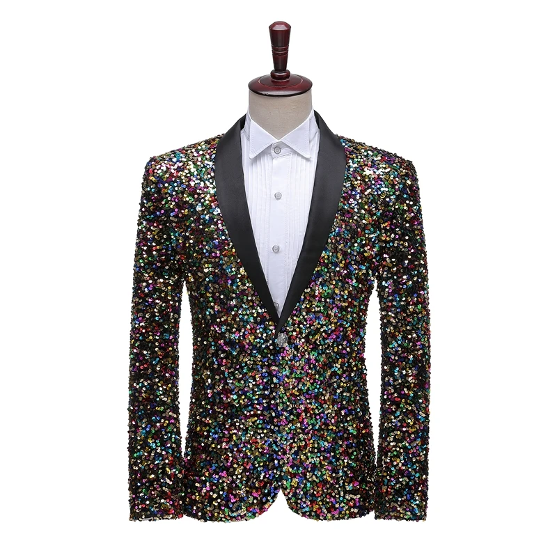 Luxury suit sequined jacket in blue, white, green, jacket with shiny shawl lapel，single blazer，for stage graduation dress