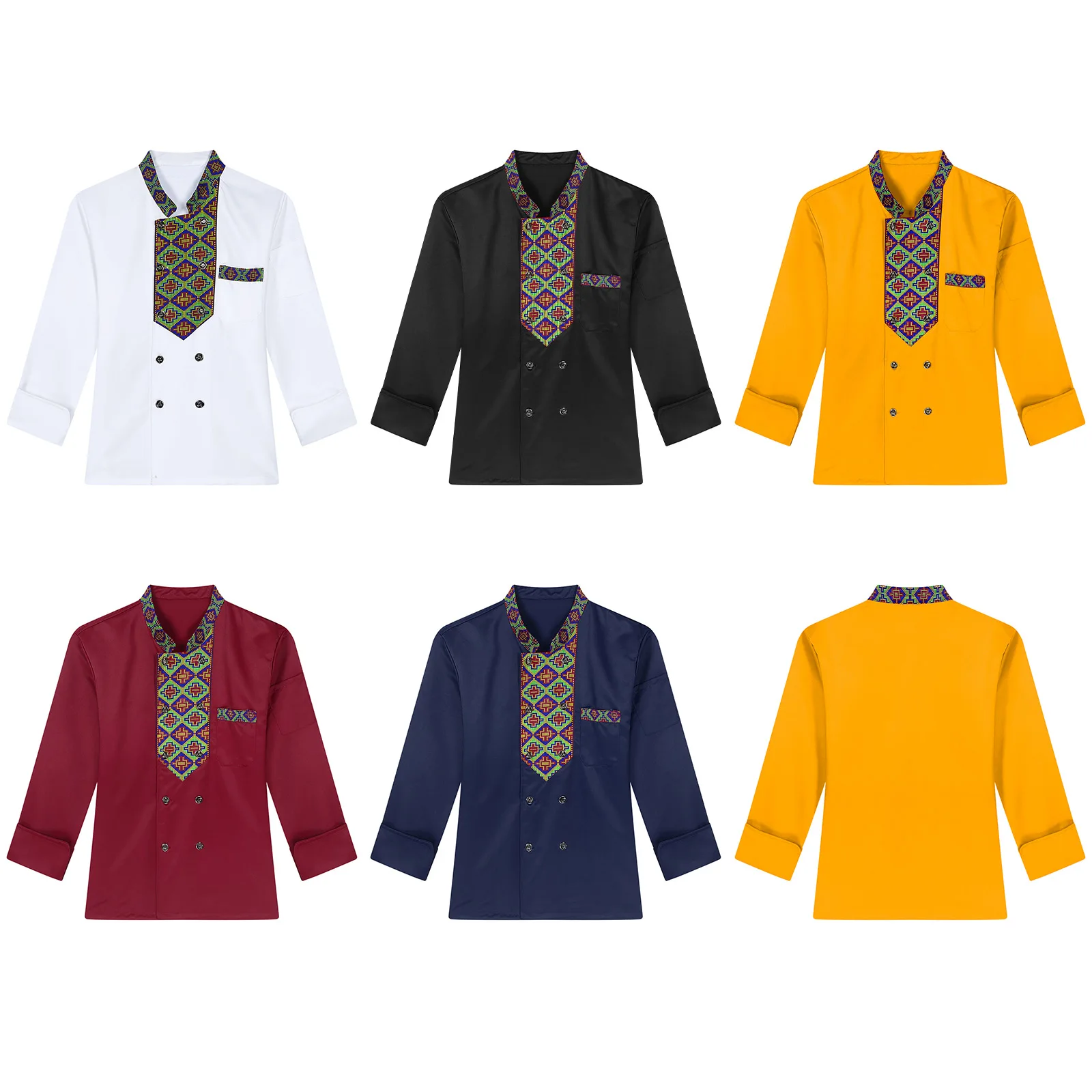 Veste de chef avec broderie ethnique pour hommes et femmes, col montant, manches longues, uniforme de cuisine, vêtements de travail de cuisine avec poches, adultes