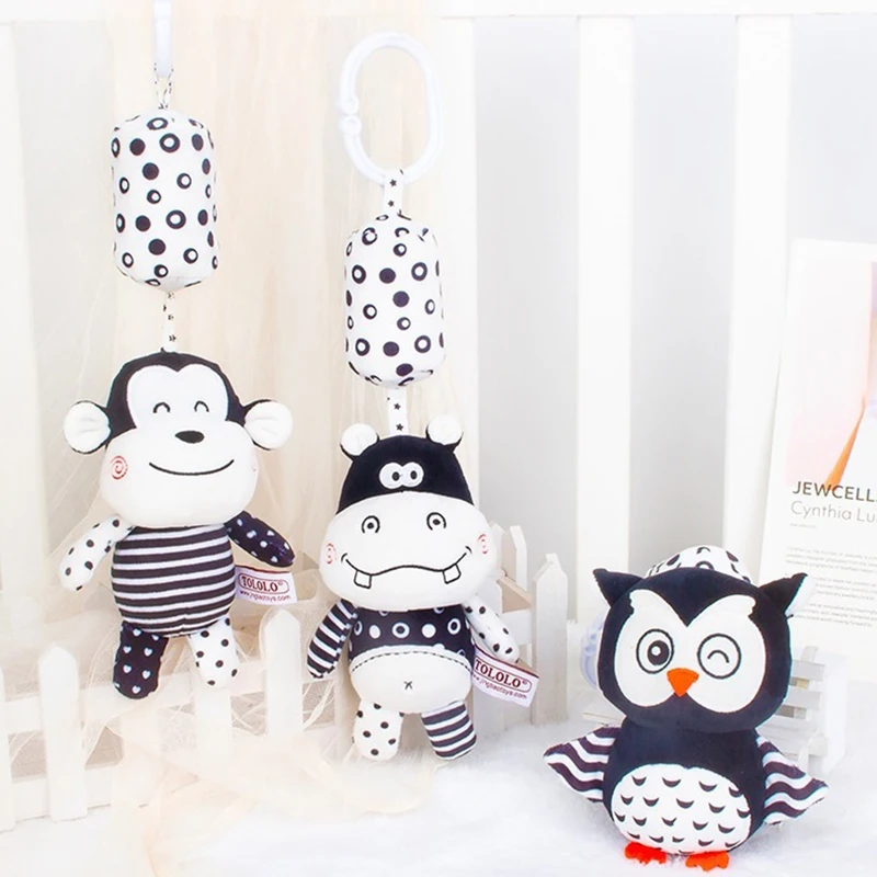 

Good quality baby rattle plush baby carriage black and white cartoon animal toys baby education baby toys