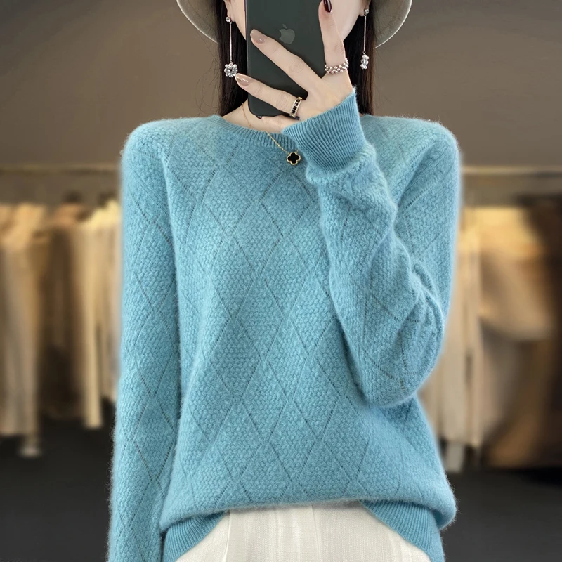 100% Merino Wool Autumn Winter Women\'s Jacquard Sweater Diamond Pattern Round Neck Pullover New Ladies Knitted All-Match Top