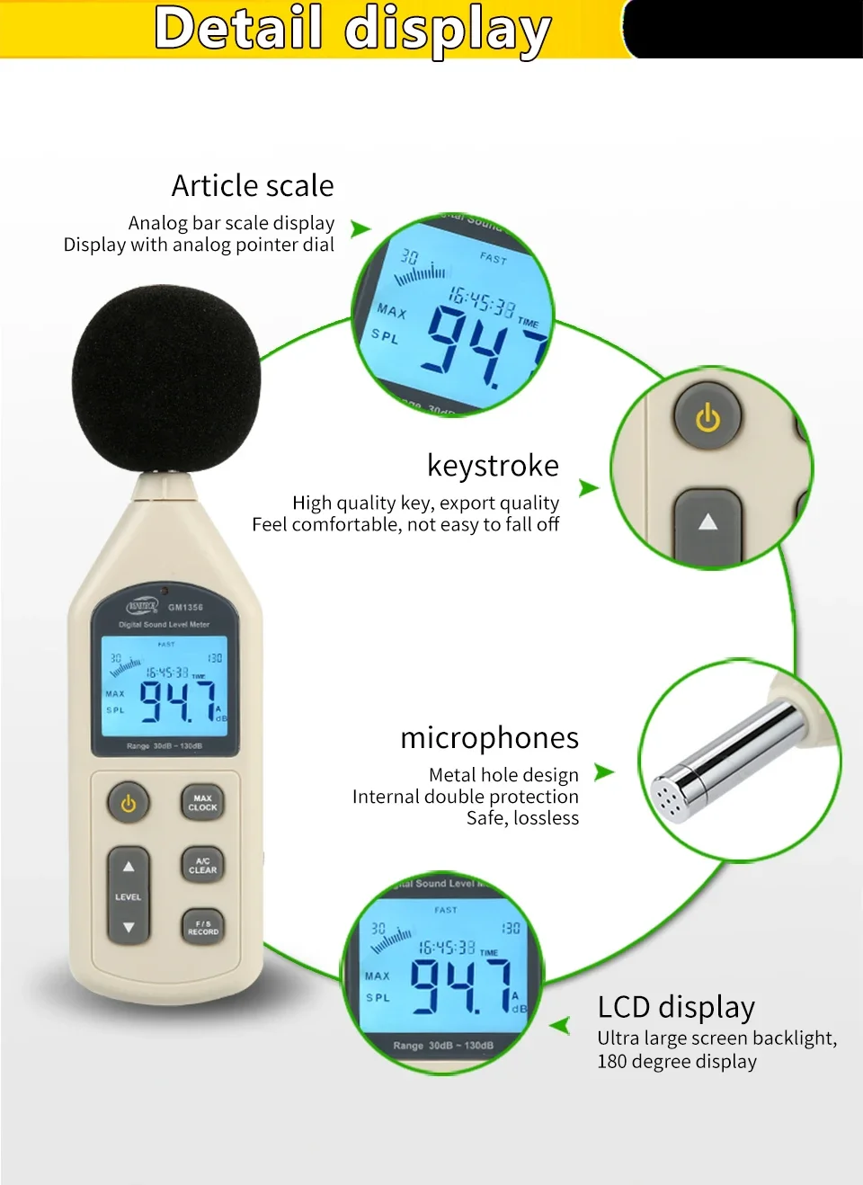 HoldPeak 1356 Digital Sound Level Meter 30-130dB ±1.5dB A/C Weighting USB Data Logger for Noise Measurement