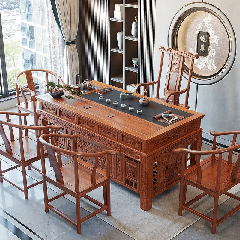 طاولة شاي من الخشب الصلب وكرسي مزيج طاولة واحدة وخمسة كراسي مجموعة مكتب منزلية صينية جديدة من الدردار الكونغ #4