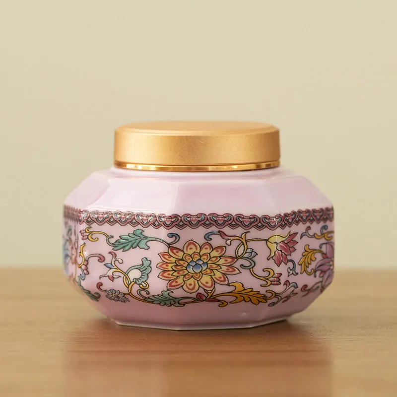Alloy Lid Polygon Jar Enamel Vintage Herbal Sealed Home Kitchen Items Tea Storage Ornament Kitchen Shelf Decor Retro Dry Fruit