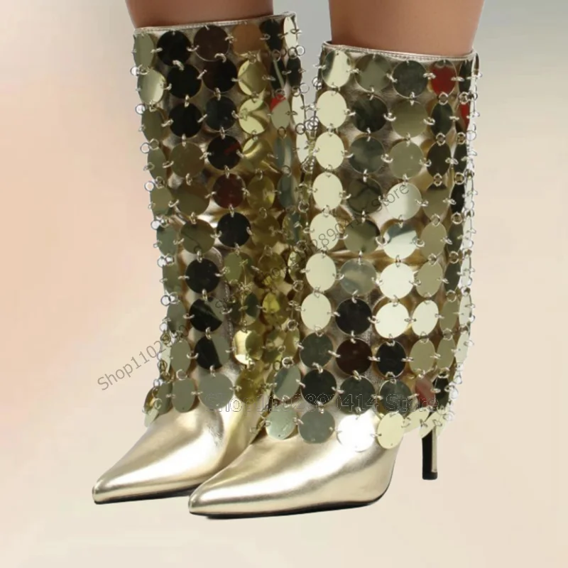 Bottes pointues à paillettes dorées pour femmes, chaussures à enfiler, talons hauts fins, décoration de fête, roman, 2023