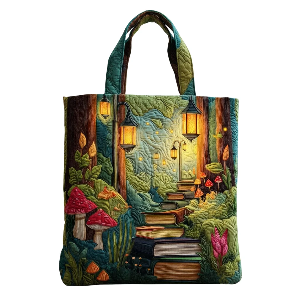 Book Forest Quilted Tote Bag Mushroom Lantern Large Soft Shoulder Bag for Commute Shopping Travel