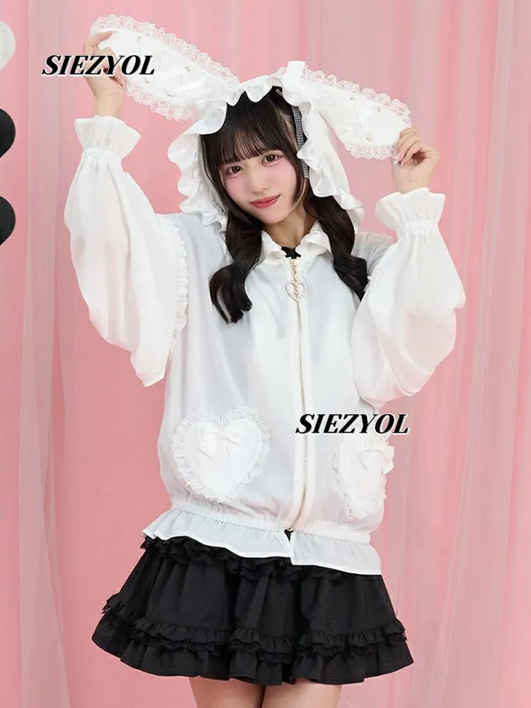 2026 New Sweet Girls Mass-produced Lace Rabbit Ears Thin Jacket Love Pendant Lantern Sleeve Bow Zipper Hooded Sunscreen Shirt