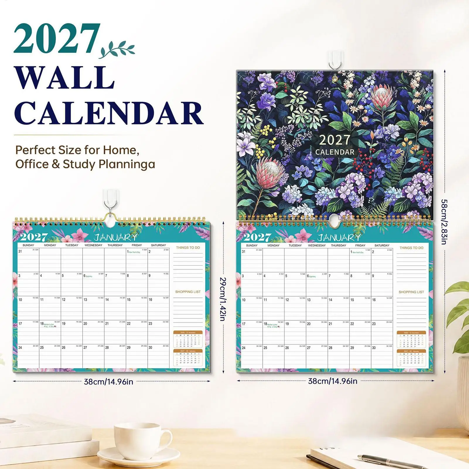 Wall Jan-Dec 2027 Floral Spiral Binding Large Block Year Calendar Wall Paper Hanging Planner English Twin Wire Binding Calendars