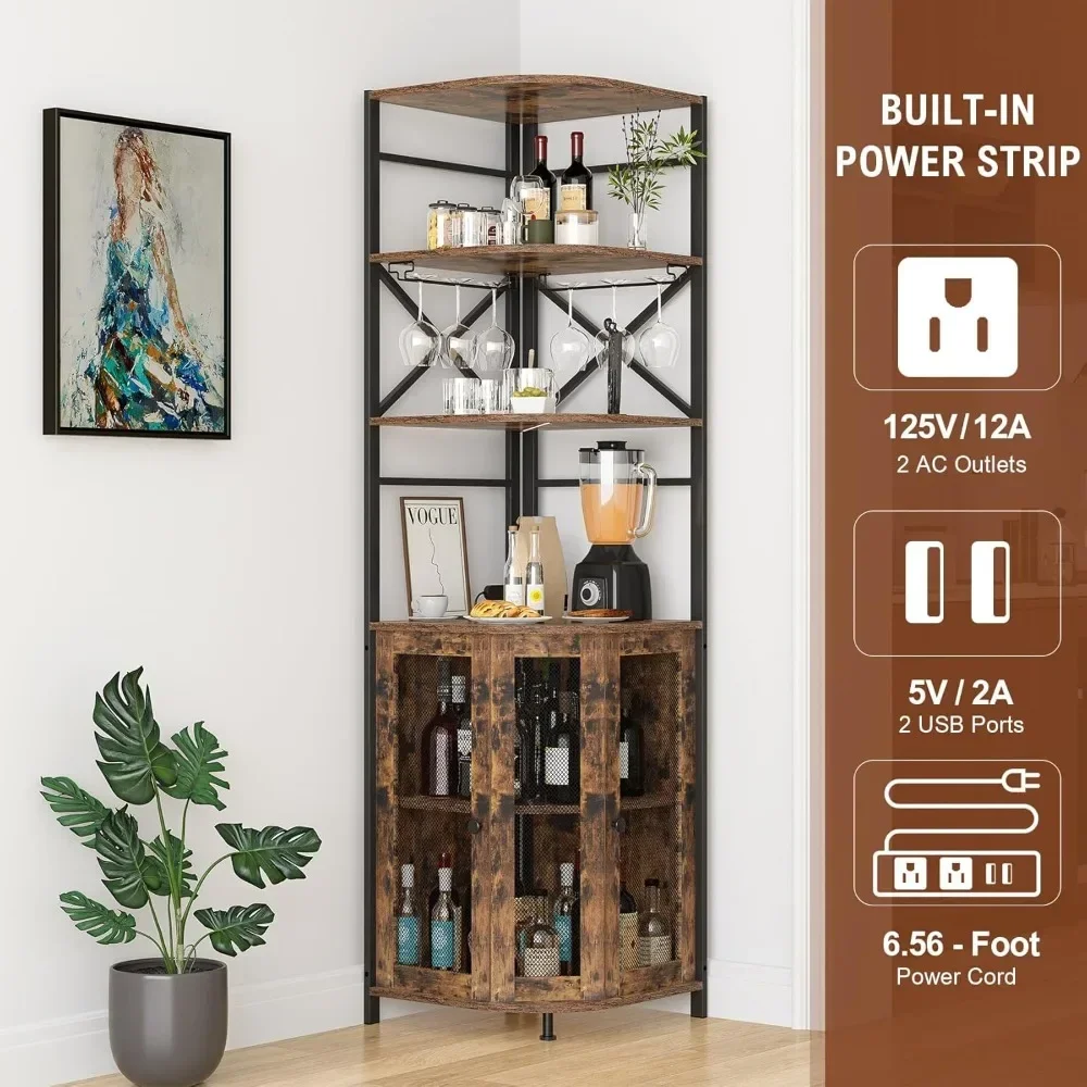 Industrial Corner Wine Cinet with LED Lights, Outlet & Adjus Shelves - 6-Tier Bar Storage for Liquor Glassware