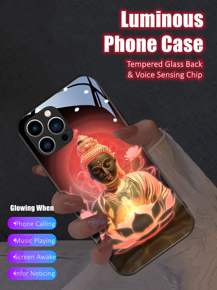 

Dragon Buddha Horse LED Light Glowing Luminous Tempered Glass Phone Case for iPhone 11 12 13 14 15 X Xs Xr Mini Pro Max Plus