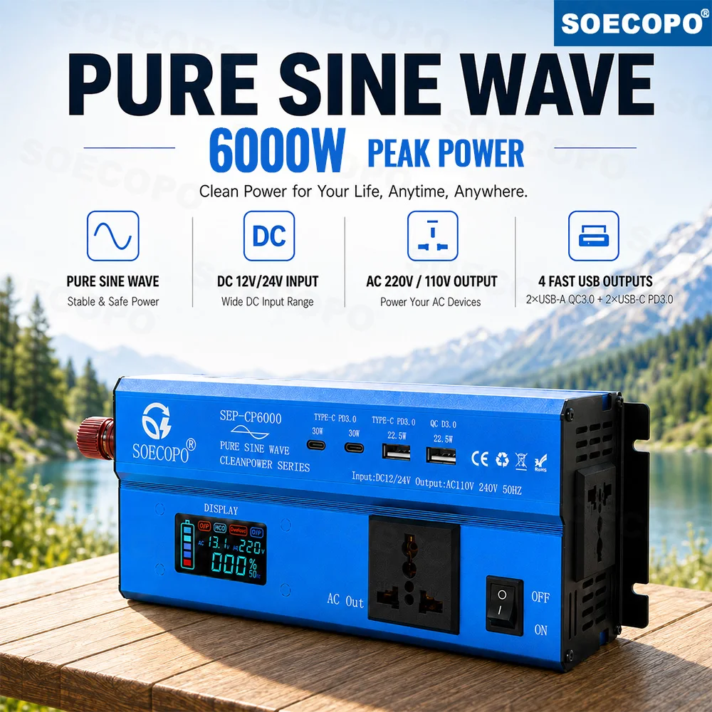 SOECOPO 6000W Version Pure Sine Wave Power Inverter 800W Rated DC 12V 24V To AC 110V 220V USB-A Type-C LCD for RV Home TV Fan
