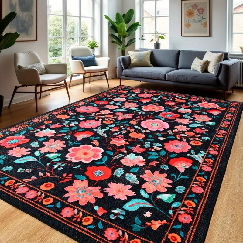 Bohemian Flannel Area Rug Black Base Vibrant Floral Pattern Soft Non Slip Washable Floor Carpet for Living Room Bedroom Decor