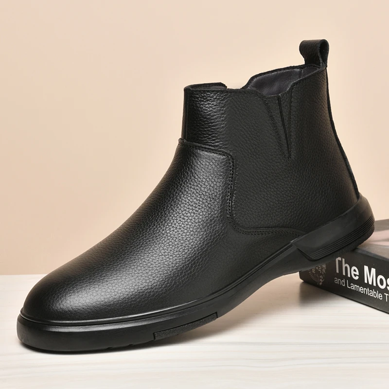 Clássico preto grosso sola negócios casual chelsea botas de fundo plano respirável antiderrapante quente high-end moda botas curtas