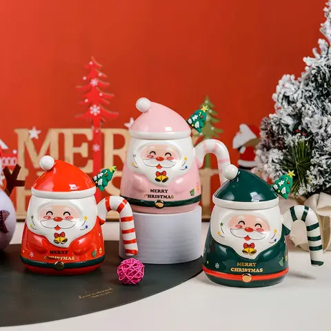 KEPEAK Tasses en céramique de Noël avec couvercles et cuillères imprimé animal Ensemble de tasses à café festives portables sans BPA pour cadeaux