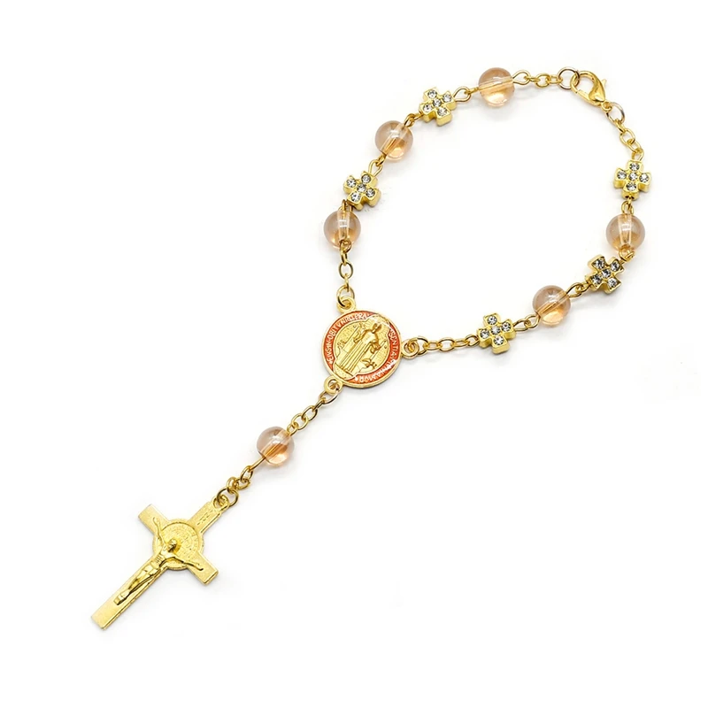 QIGO Saint Benedict Cross Rosary Bracelet Glass Beads Religiout Jewelry For Men Women