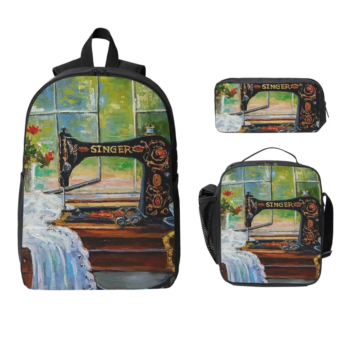 Vintage Sewing Machine Sewing Time Backpack Student BookBag School Bag Laptop Shoulder Bags 3ps Insulated Lunch Bag Pencil Case