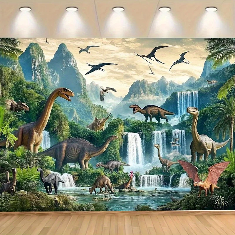 Jurassic Dinosaur Tapestry Prehistoric Forest Waterfall Landscape Wall Hanging for Kids Bedroom Nature Decor