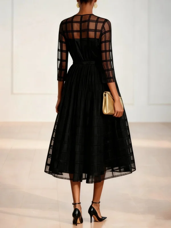 Modigirl Abito scozzese elegante in rete vintage da donna 2026 Ombrello primaverile Maniche semitrasparenti Cena Abiti da donna per riunioni formali