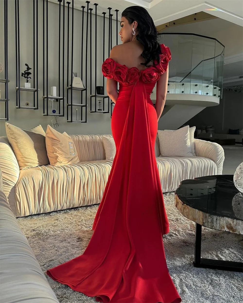 Customized Prom Gown Formal Evening Dress One-shoulder Sheath Floor Length 3D Rose Flower Skirts Bespoke Occasion Dresses Saudi