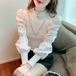 Design Sense Niche Heavy Industry Nail Bead Chiffon Shirt Women's New French Chic Bubble Sleeve Slim Fit Top