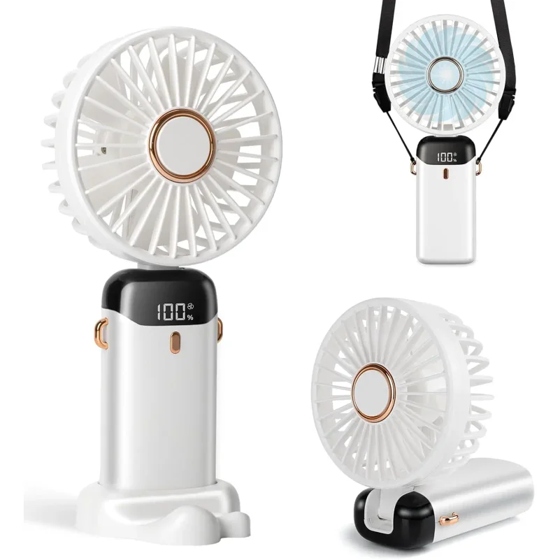 Handheld Mini Fan 3000mAh Foldable Portable Desk Outdoor Neck Hanging 5 Speed USB Rechargeable Fan Phone Stand Display Screen view 3
