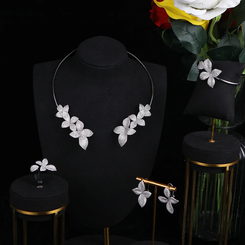 

Luxury Zircon shiny big four-leaf flowers Collar bangle ring earrings For Women Wedding Party Indian Dubai Bridal jewelry Set
