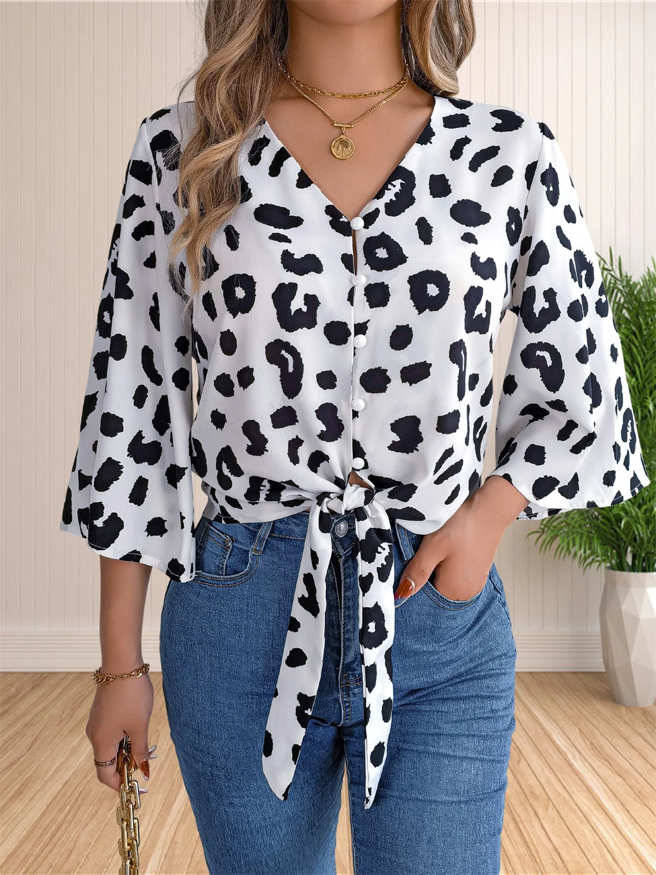 Womens Loose V Neck Blouse Button Down 3/4 Sleeve Tie Knot Tunic Shirt Tops