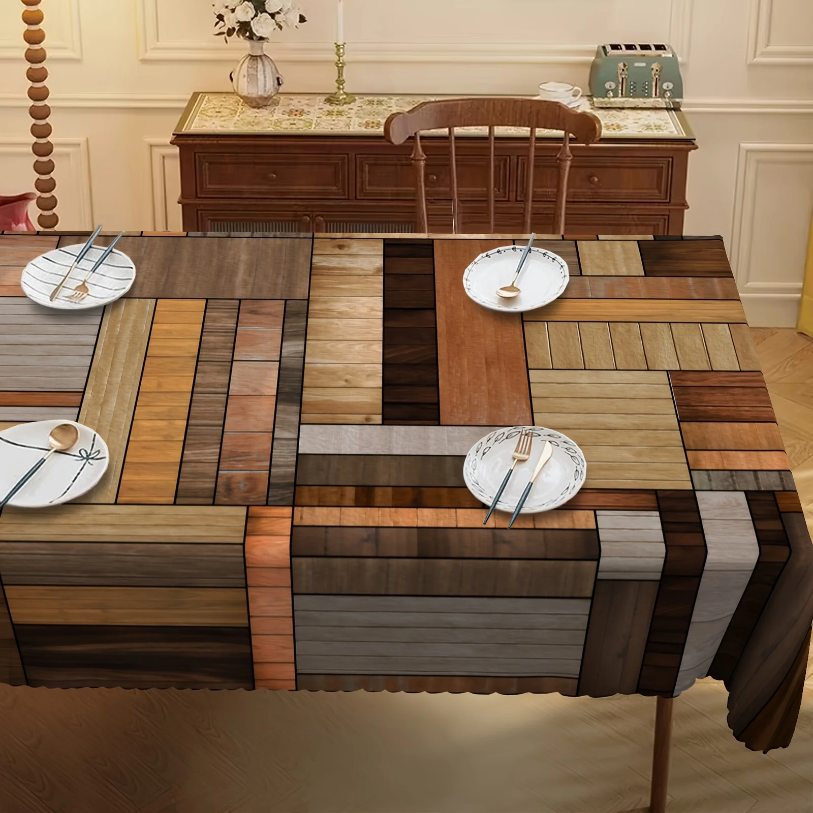 One item: A unique wood-grain tablecloth, a brown irregularly patterned round tablecloth, autumn decorationzyc