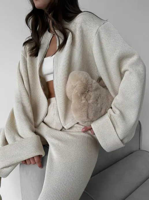 

Two Piece Set Women Outfit 2025 Spring Autumn New Solid Color Round Neck Knitted Long Sleeved Zipper Jacket & Wide Leg Pants Set