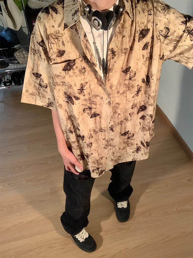 Retro American Print ort Sve Loose Fit Men's Women's Summer irt Chic Design Versatile Couple's Faionable S...