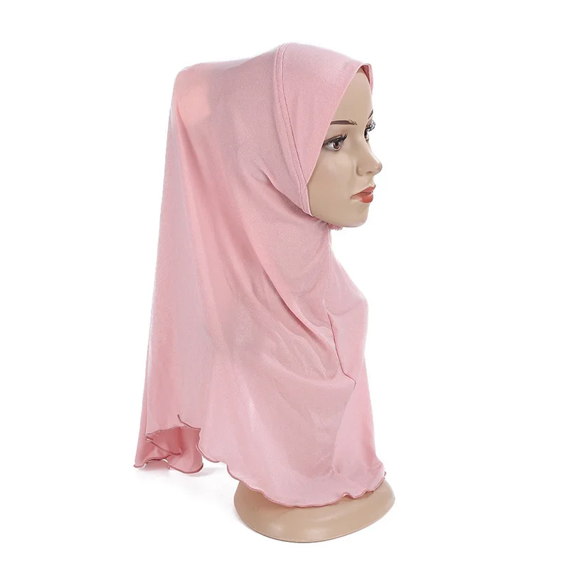 1pc Kids Khimar Turban Malaysian Pink Jersey Hijabs Headscarf for Big Girls Solid Color Simple Scarf