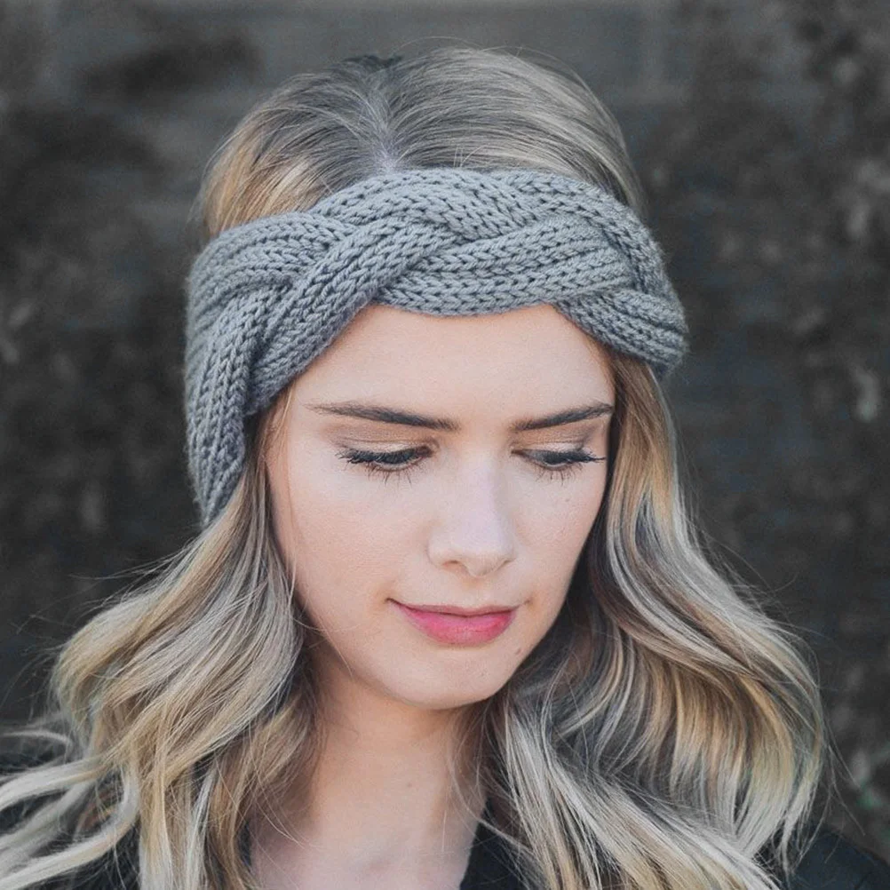

2Pcs Warm Crochet Turban Headband Bulk Mohair Knitted Cross Knot Ear Warmer Winter Head Wrap Hairband Beige Gray