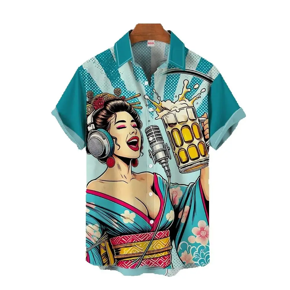 

Japanese Style Men's Shirts Geisha Graphic Short Sleeve Shirt For Men Fashion Casual Streetwear Hawaiian Shirts Men Lapel Tees