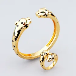 Europe America Ring Bracelet Men Women Lady Plated Gold Color Smooth-surface Black Spots Green Eyes Double Leopard Jewelry Sets