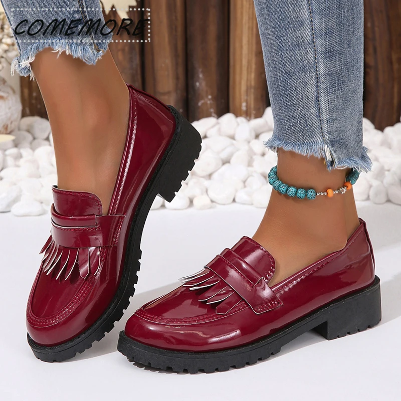 Black Patent Leather Platform Loafers Women Fashion Tassels Shallow Flats Shoes Woman British Style Middle Heels Office Shoes 42