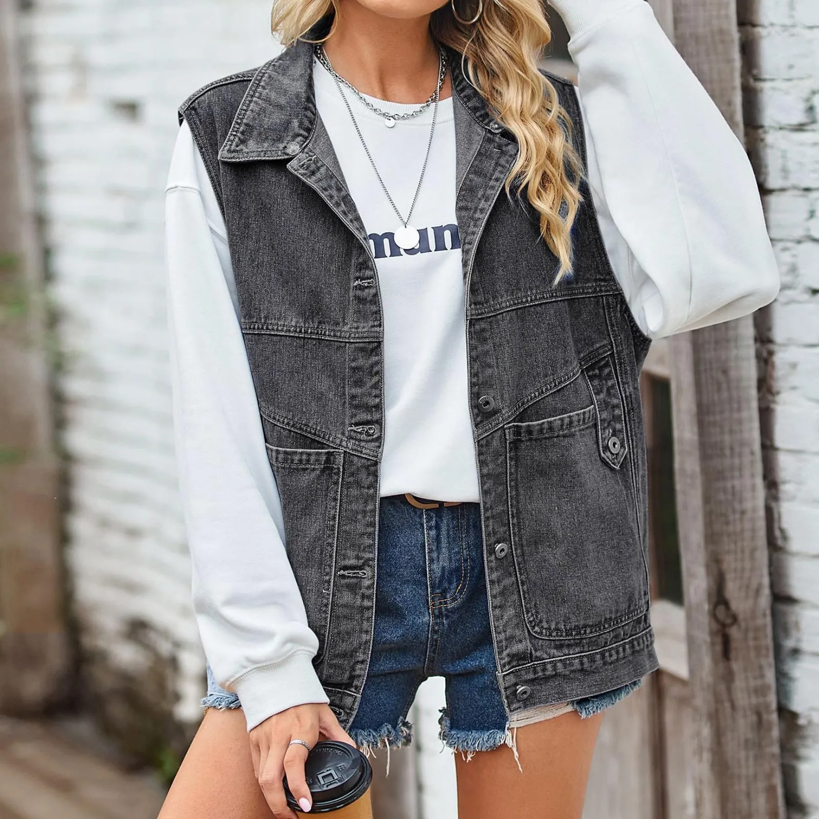 Gray Woman Denim Vest Outerwear Fashion Lapel Collar Single Breasted Vest Jackets Coat Sleeveless Denim Top Jacket For Women