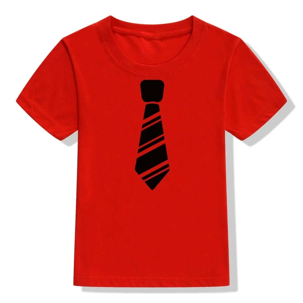 Boys White Short Sleeve T Shirt Black Striped Fake Tie Graphic Print Round Neck Summer Casual Tee Unisex Daily Style Outfit