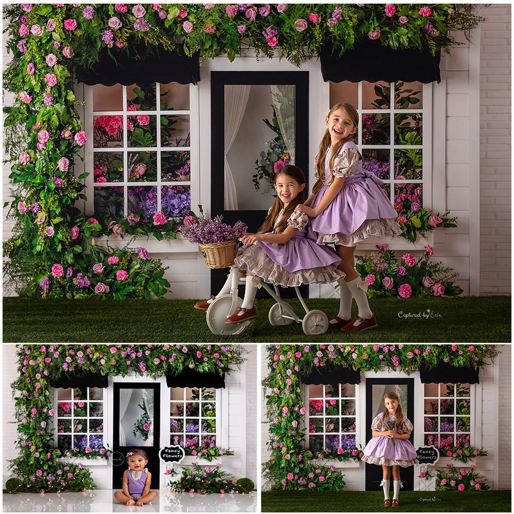 

Village Florist Photo Background Spring Garden White Door Flower Photography Backdrop Girl Birthday Cake Smash Photo Studio Prop